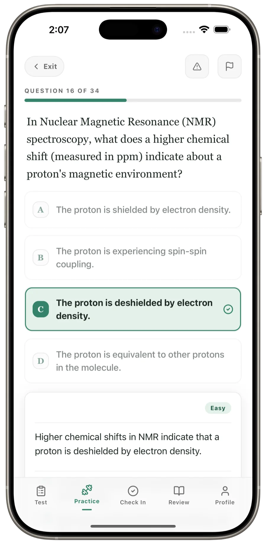 An answered NMR question marked correct with a written explanation and an Easy difficulty tag