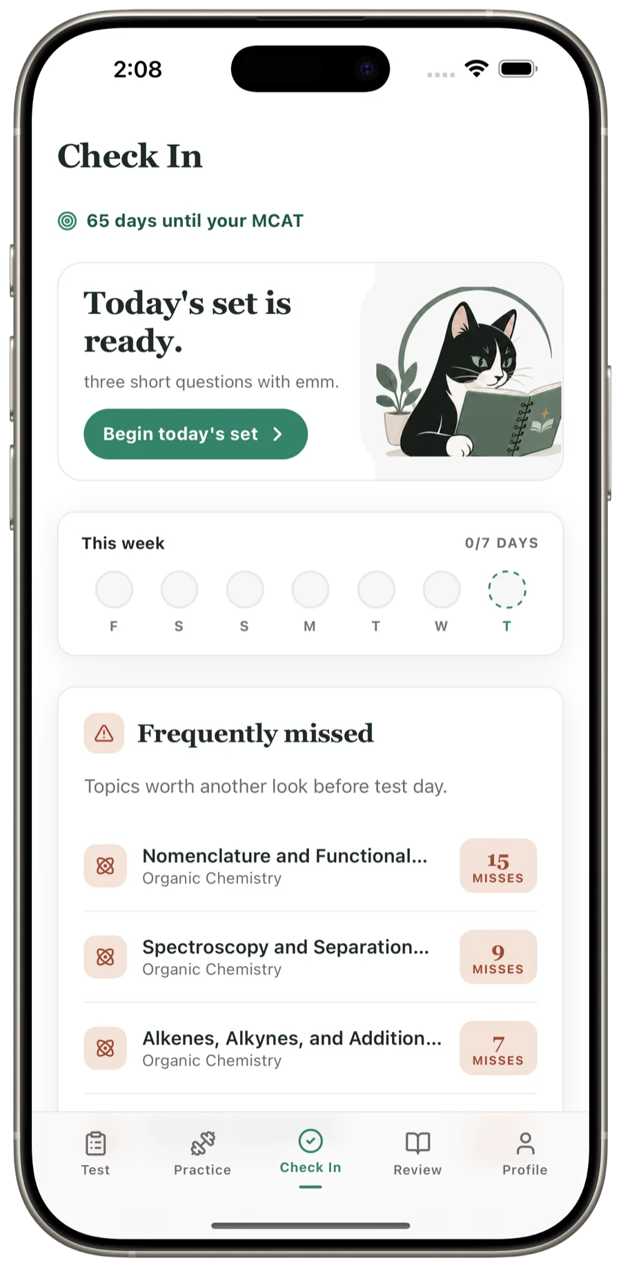 The emmcat Check In screen showing a countdown to the MCAT, today's set of three questions, a weekly streak tracker, and frequently missed topics