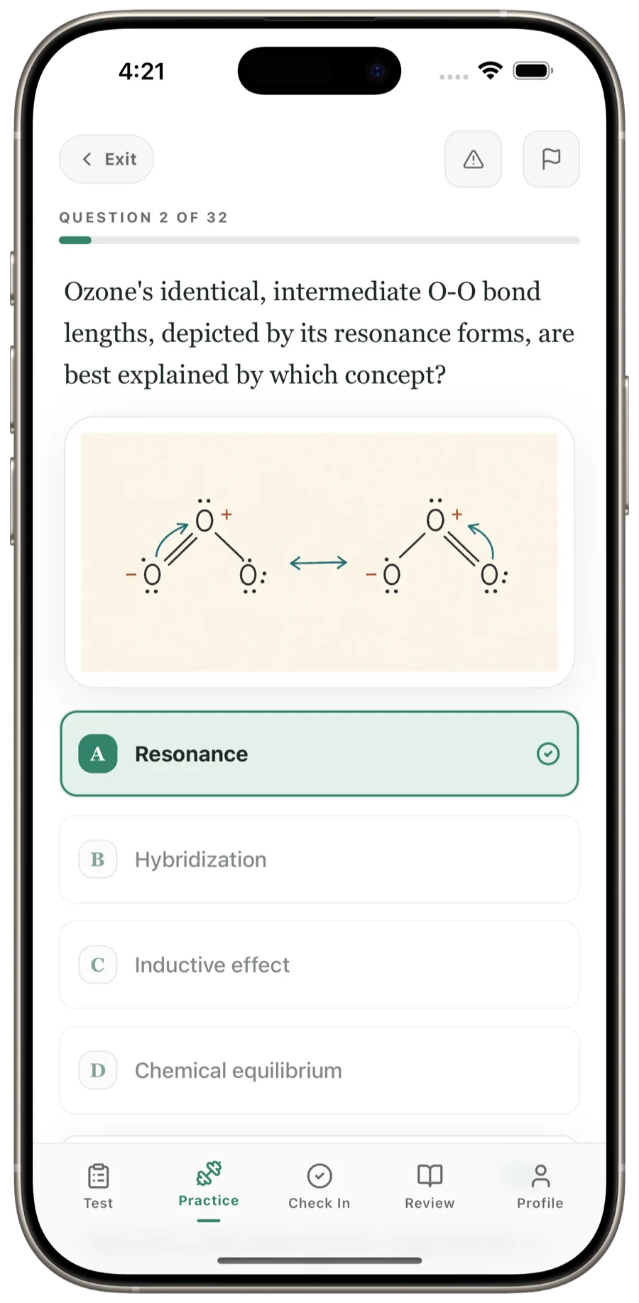 A chemistry question about ozone's resonance forms, with a figure of two Lewis structures and curved mechanism arrows, answered correctly
