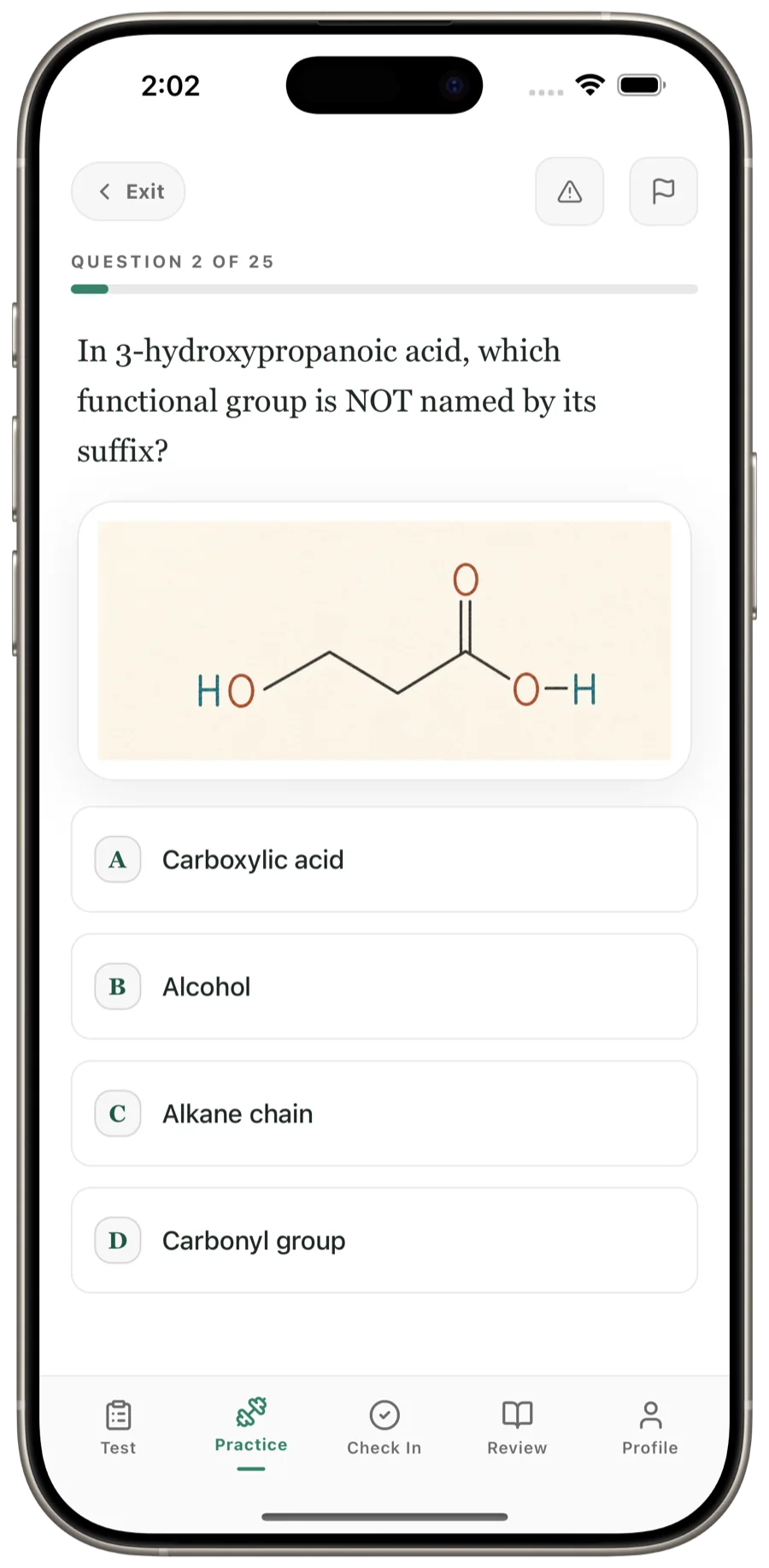An organic chemistry question asking which functional group is not named by its suffix, with a skeletal structure figure